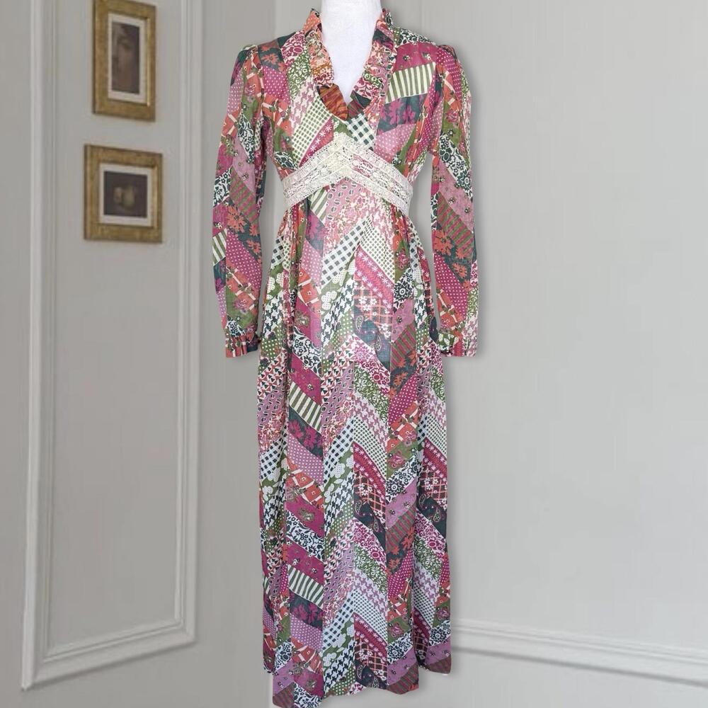 Vintage 1970s Maxi Dress Bohemian Patchwork Empire Waist Lace Tie Prairie